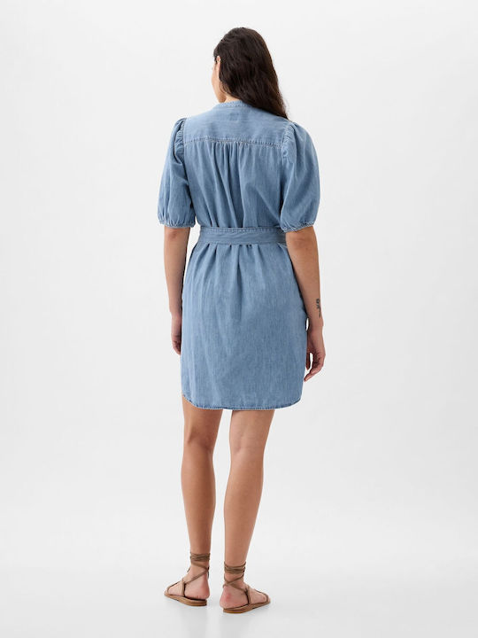 Summer Mini Shirt Dress Denim Light Wash Indigo