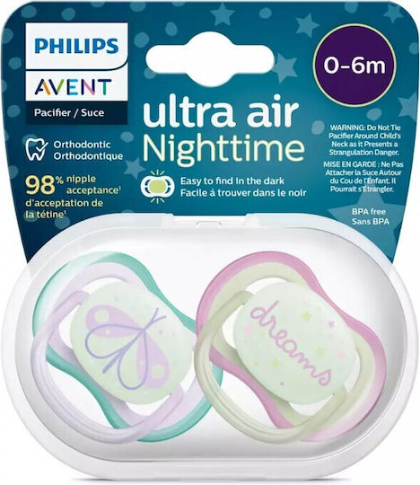 Philips Ultra Air Orthodontic Pacifiers Silicone Night Pink/Purple for 0-6 months 2pcs