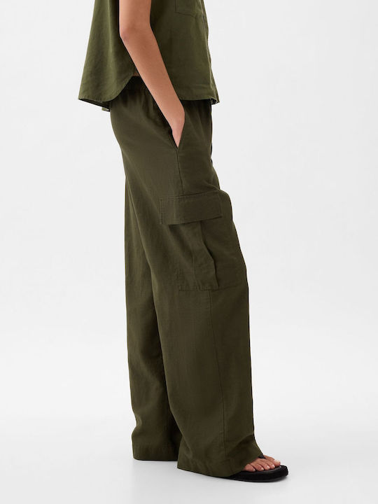 Women's Linen Cargo Trousers with Elastic Green