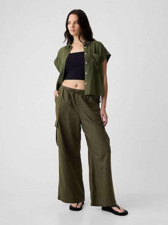 Women's Linen Cargo Trousers with Elastic Green