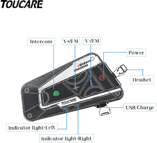 Toucare T9S-4 Ενδοεπικοινωνία Μονή για Κράνος Μηχανής με Bluetooth