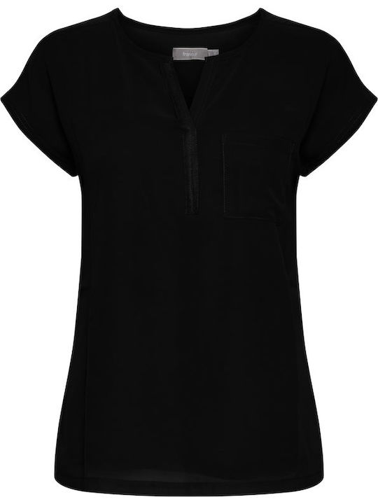 Women's Summer Blouse Short Sleeve with V Neckline Black