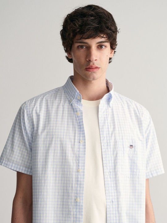 Short-sleeved Cotton Shirt Checked Light Blue