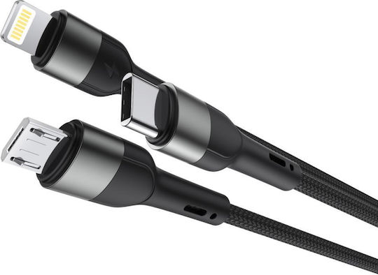 XO NB254 Braided USB to Lightning / Type-C / micro USB Cable Μαύρο 1.2m