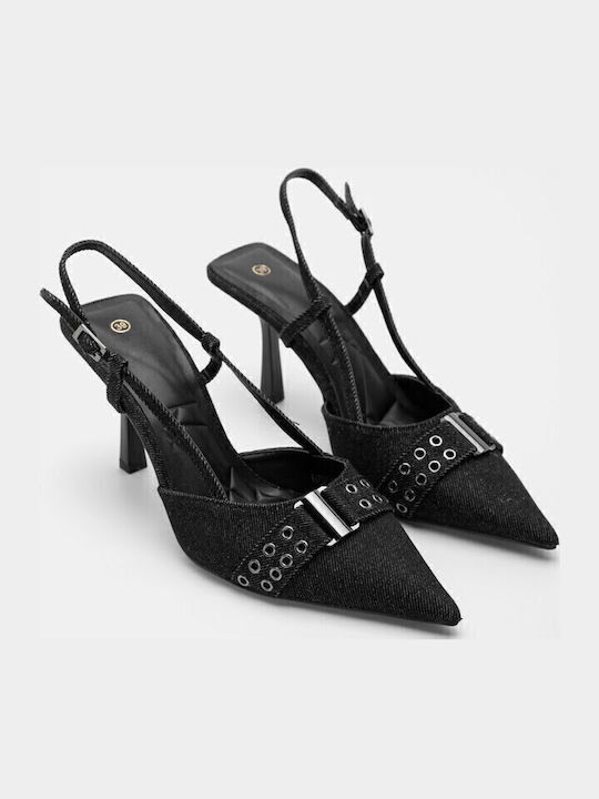 Women's Jean Pointed Heels with Unique Heel and Decorative Strap in Black - Black