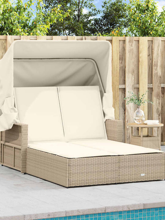 Liegestuhl-Bett Doppel Rattan mit Kissen & Sonnenschirm Beige 110x201cm.