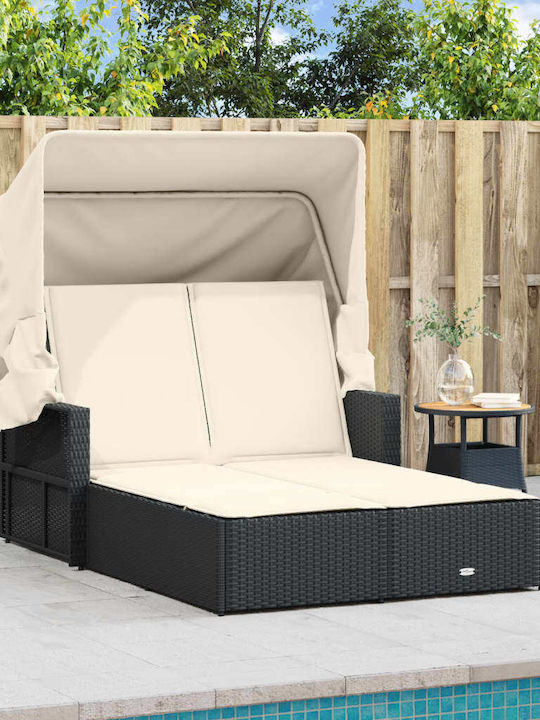 Sunbed Double Rattan with Cushion & Sunshade Black 110x201cm.