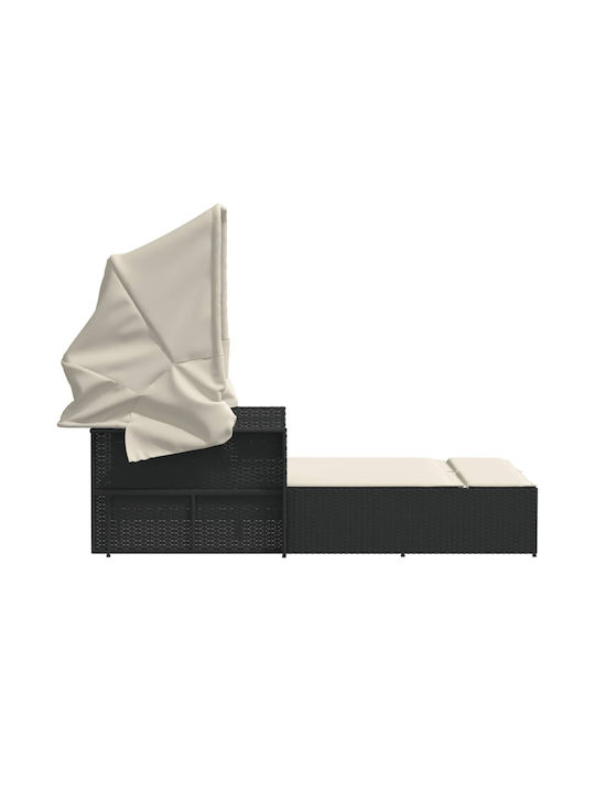 Sunbed Double Rattan with Cushion & Sunshade Black 110x201cm.