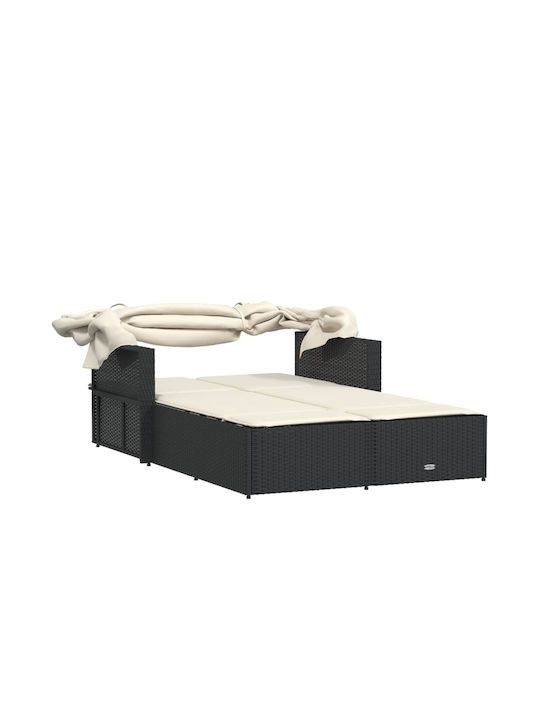 Sunbed Double Rattan with Cushion & Sunshade Black 110x201cm.