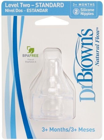Dr. Brown's Natural Flow Options Level 2 Silicone Bottle Teats Medium Flow for 3+ Months 2 Pieces