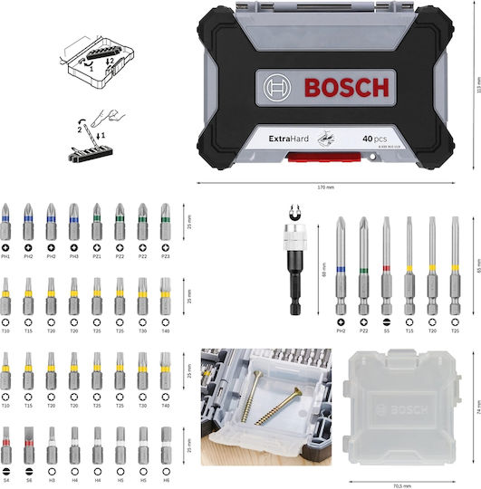 Set de burghie Bosch Professional, 40 piese (pick and click, capete de șurubelniță extra dure, cu suport universal) - Exclusiv Amazon