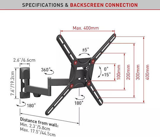 Barkan 3420 Wall TV Mount with Arm up to 58" and 25kg Black