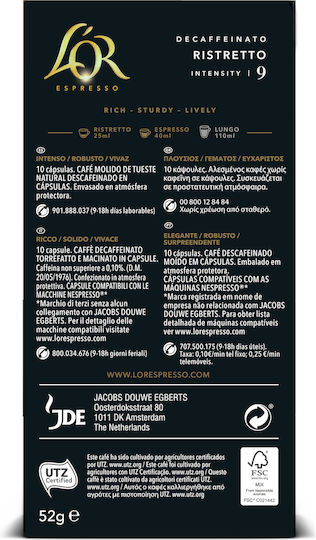 L'Or Κάψουλες Espresso Ristretto Decaffeine Συμβατές με Μηχανή Nespresso 10caps