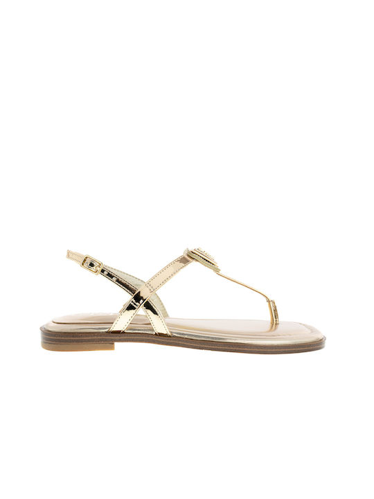 Guess Leder Damen Flache Sandalen in Gold Farbe