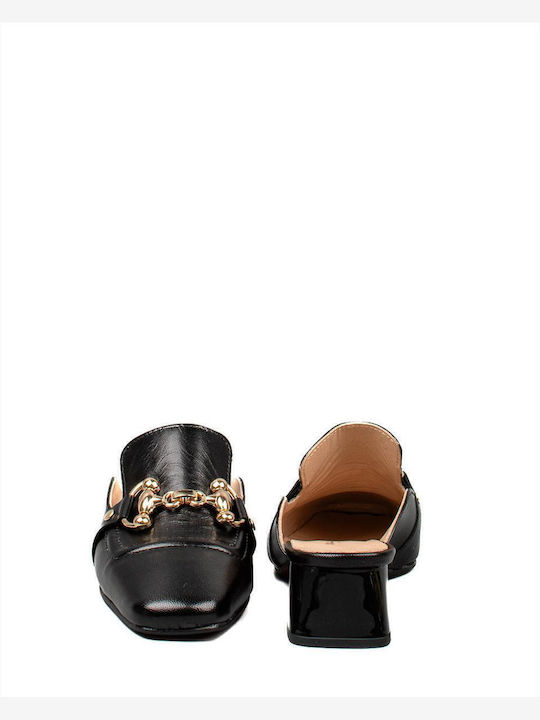Leather Mules with Chunky Heel in Black Color