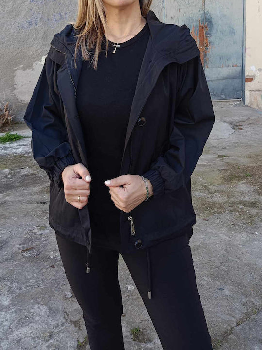 Μακρύ Γυναικείο Μπουφάν για Άνοιξη/Φθινόπωρο Μαύρο