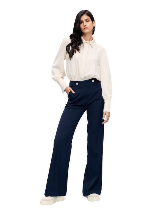 Pantaloni Dama Largi Cu Talie Înaltă În Linie Dreaptă Navy