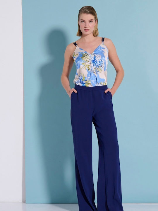 Matis Fashion Γυναικεία Ψηλόμεση Υφασμάτινη Παντελόνα σε Κανονική Εφαρμογή Μπλε