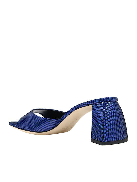 Leder Mules mit Chunky Hoch Absatz in Blau Farbe