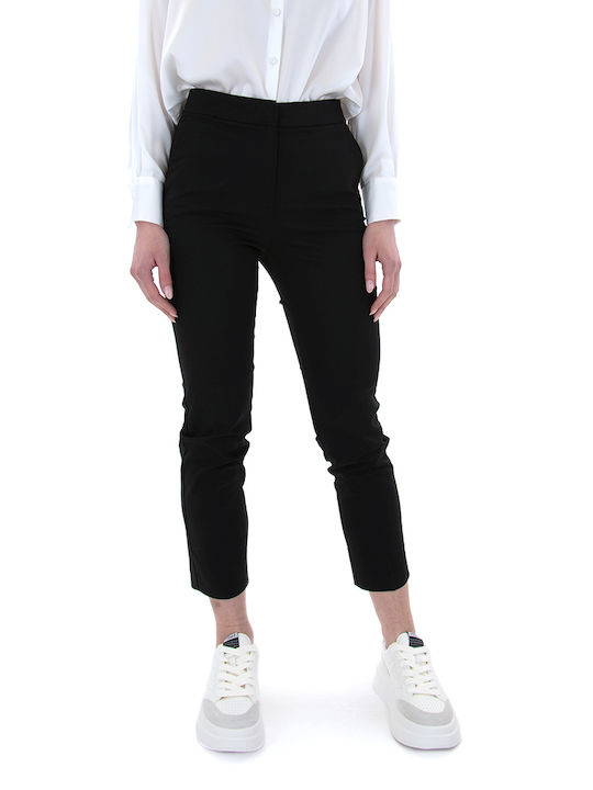 MY T Women's High Waist Cotton Capri Trousers in Slim Fit Black