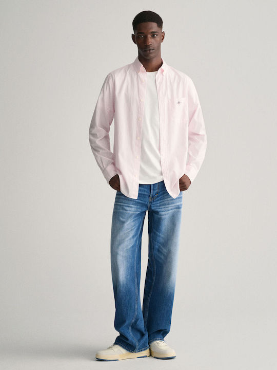 Long-sleeved Cotton Shirt Striped Pink