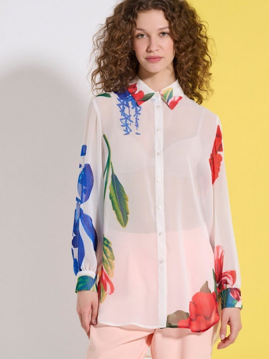 Matis Fashion Μακρυμάνικο Γυναικείο Πουκάμισο Εκρού Floral