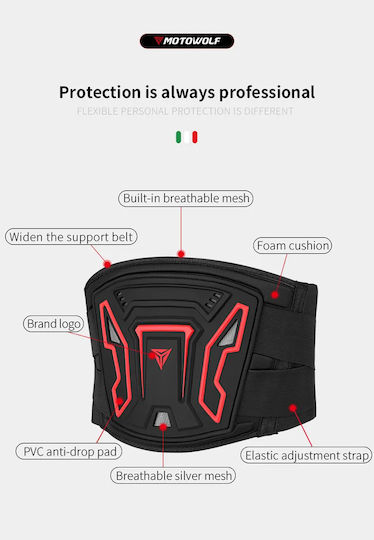 Motowolf Safety Belt For Motorcyclists With Elastic Cushion And Adjustable Fastening System, Ideal For Motorcycle Rides, Red