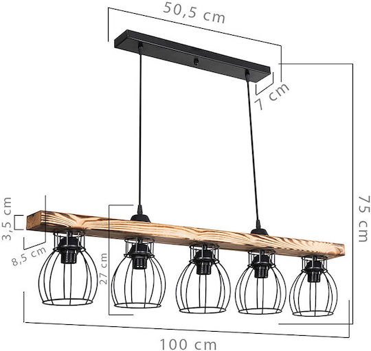 Pakketo Jazzy Pendant Light Black with Socket E27 100x27x27cm