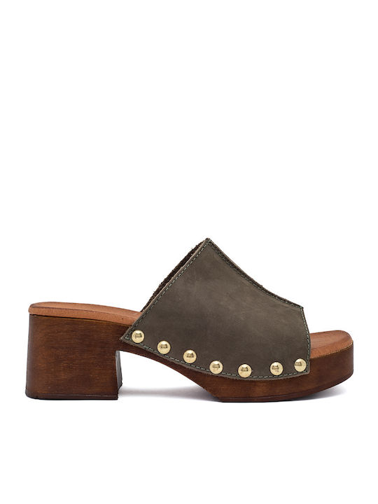 Leather Mules with Chunky Heel in Khaki Color