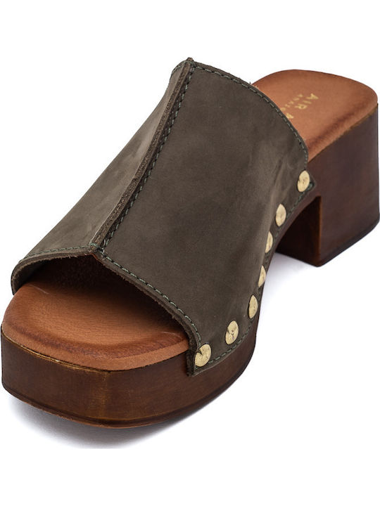 Leather Mules with Chunky Heel in Khaki Color