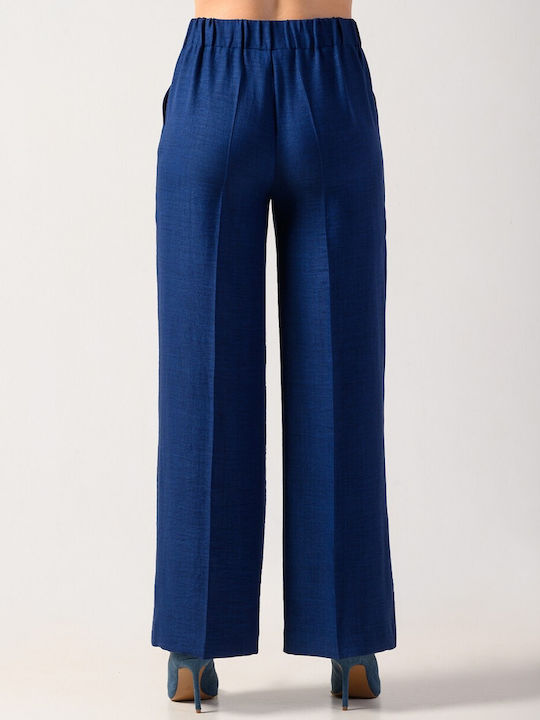 Derpouli Damen Stoff Palazzo-Hose mit Gummizug Blau