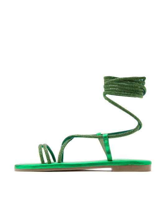 Fardoulis Leder Damen Flache Sandalen in Grün Farbe