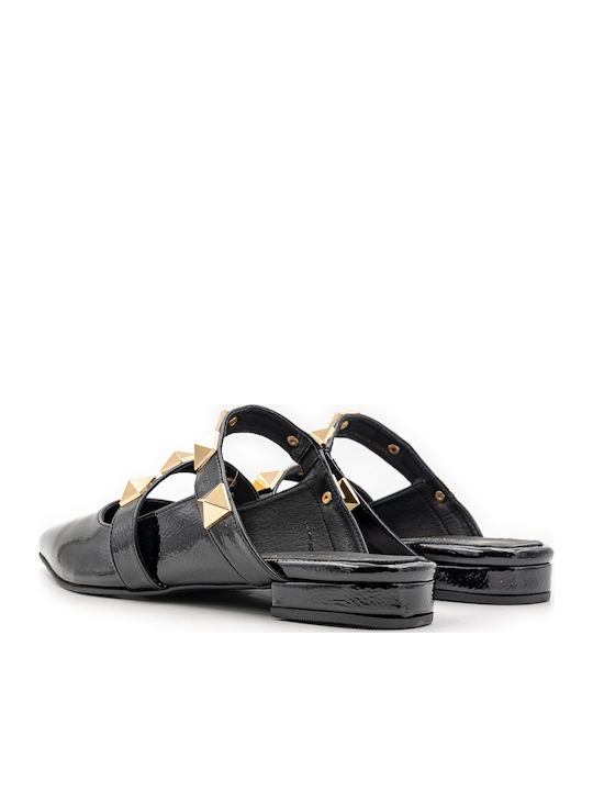 Flat Mules από Λουστρίνι σε Μαύρο Χρώμα