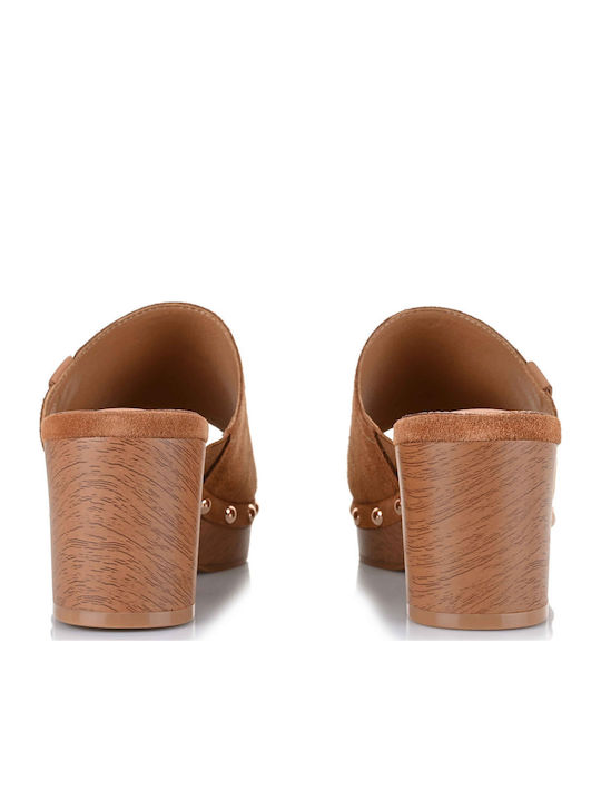 Suede Mules με Χοντρό Ψηλό Τακούνι σε Καφέ Χρώμα