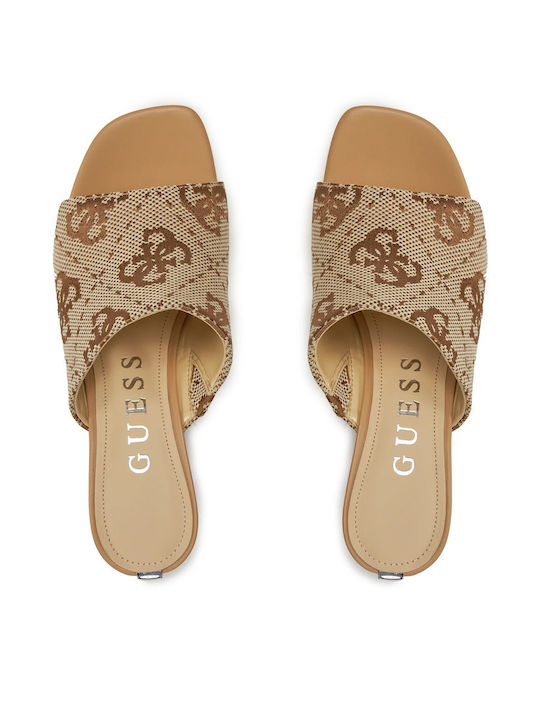 Leather Mules with Chunky High Heel in Beige Color