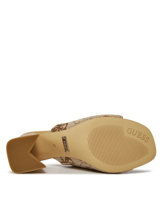 Leather Mules with Chunky High Heel in Beige Color