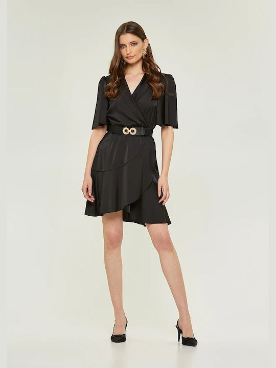 Lynne Dress Satin Wrap with Ruffle Black