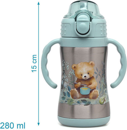Kiokids Little Bear Kids Water Bottle Thermos Stainless Steel With Straw Green 280ml