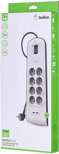 Belkin Πολύπριζο 8 Θέσεων με 2 USB-A και Καλώδιο 2m Γαλλίας (Type E)