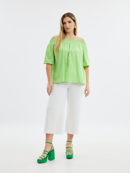 Mat Fashion Γυναικεία Μπλούζα Βαμβακερή Off-Shoulder Κοντομάνικη Ριγέ Ριγέ