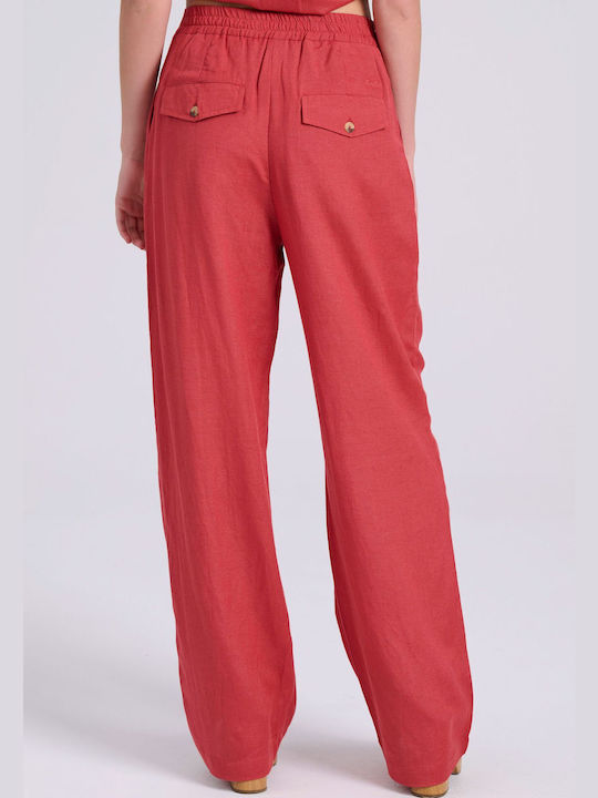 Wide Leg Linen Blend Trousers With Single Pleat