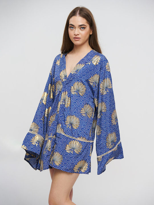 Ble Kimono Account Blue With Gold Flowers One Size(100% Crepe)cm 5-41-348-0879