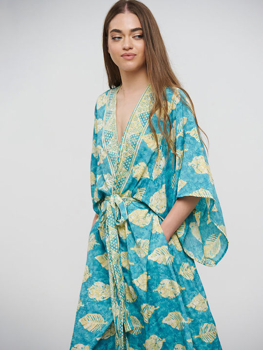Ble Kimono Long with Turquoise Belt with Leaves and Gold Details One Size(100% Crepe)cm 5-41-348-0759
