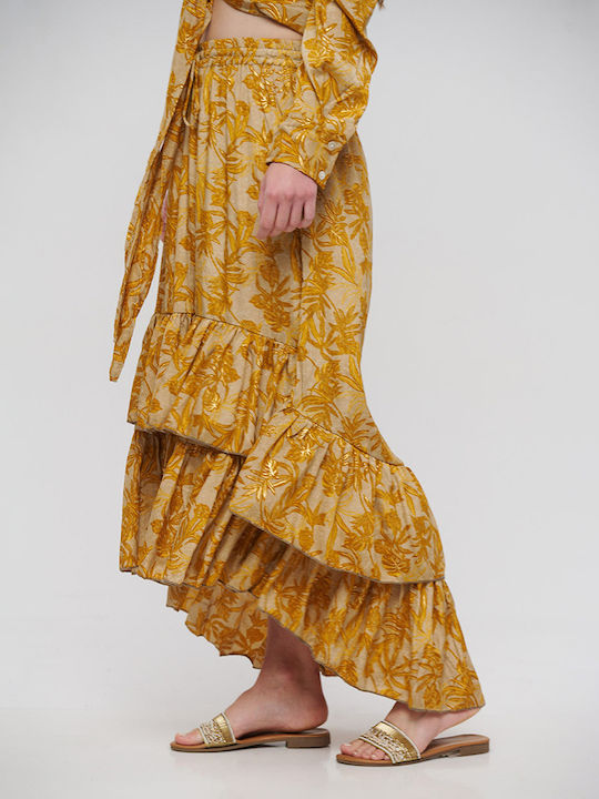 Ble Skirt Long Asymmetrical With Volan Brown/Mustard With Gold Details S/m (100% Crepe)cm 5-41-348-0806