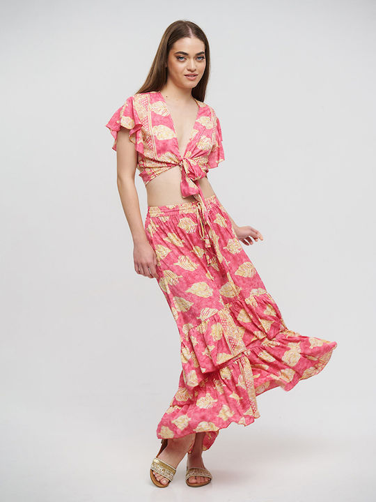 Ble Skirt Long Pink with Leaves and Gold Details S/m (100% Crepe)cm 5-41-348-0751