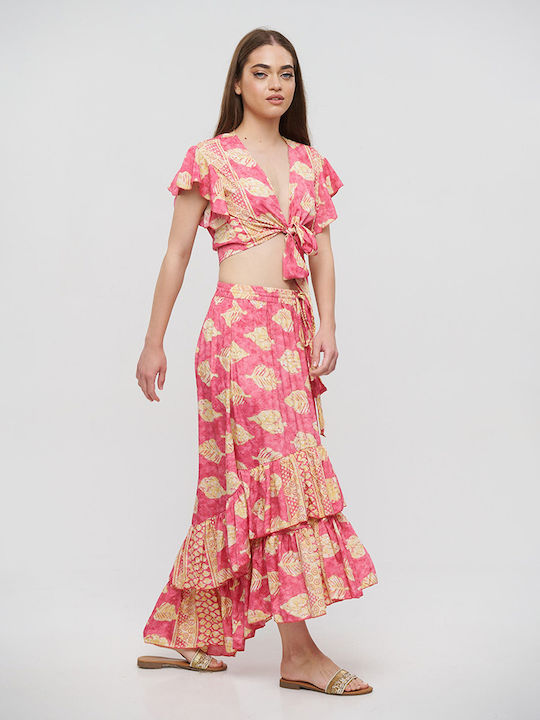 Ble Skirt Long Pink with Leaves and Gold Details S/m (100% Crepe)cm 5-41-348-0751