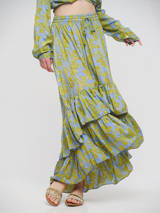 Ble Skirt Long Asymmetrical With Volan Green/Blue With Gold Details M/l (100% Crepe)cm 5-41-348-0843