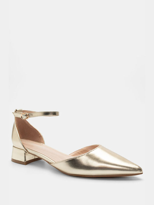 Luigi Synthetic Leather Pointed Toe Gold Low Heels with Strap