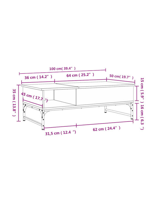 Rectangular Central Coffee Table Wooden with Lifting Mechanism Black M100xW50xH35cm