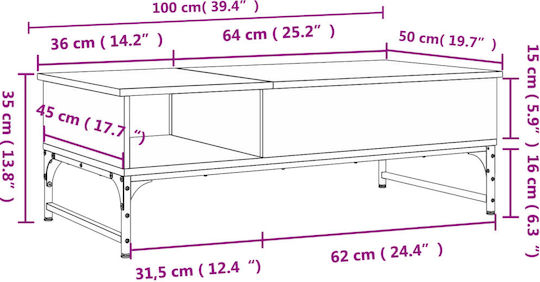 vidaXL Rechteckiges Zentral Kaffeetisch Aus Holz Mit Hebemechanismus Braune M100xL50xH35cm